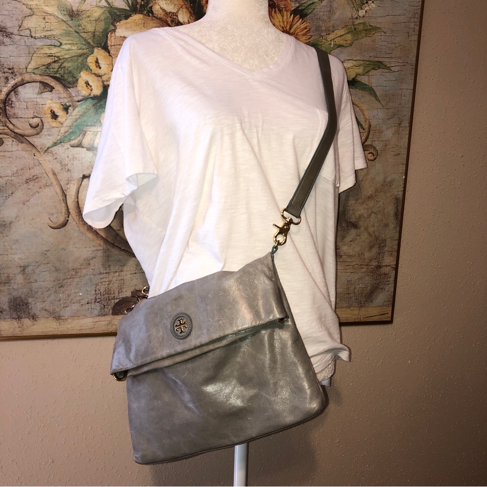 Tory Burch Grey Dena Foldover Crossbody Purse Conve… Gem